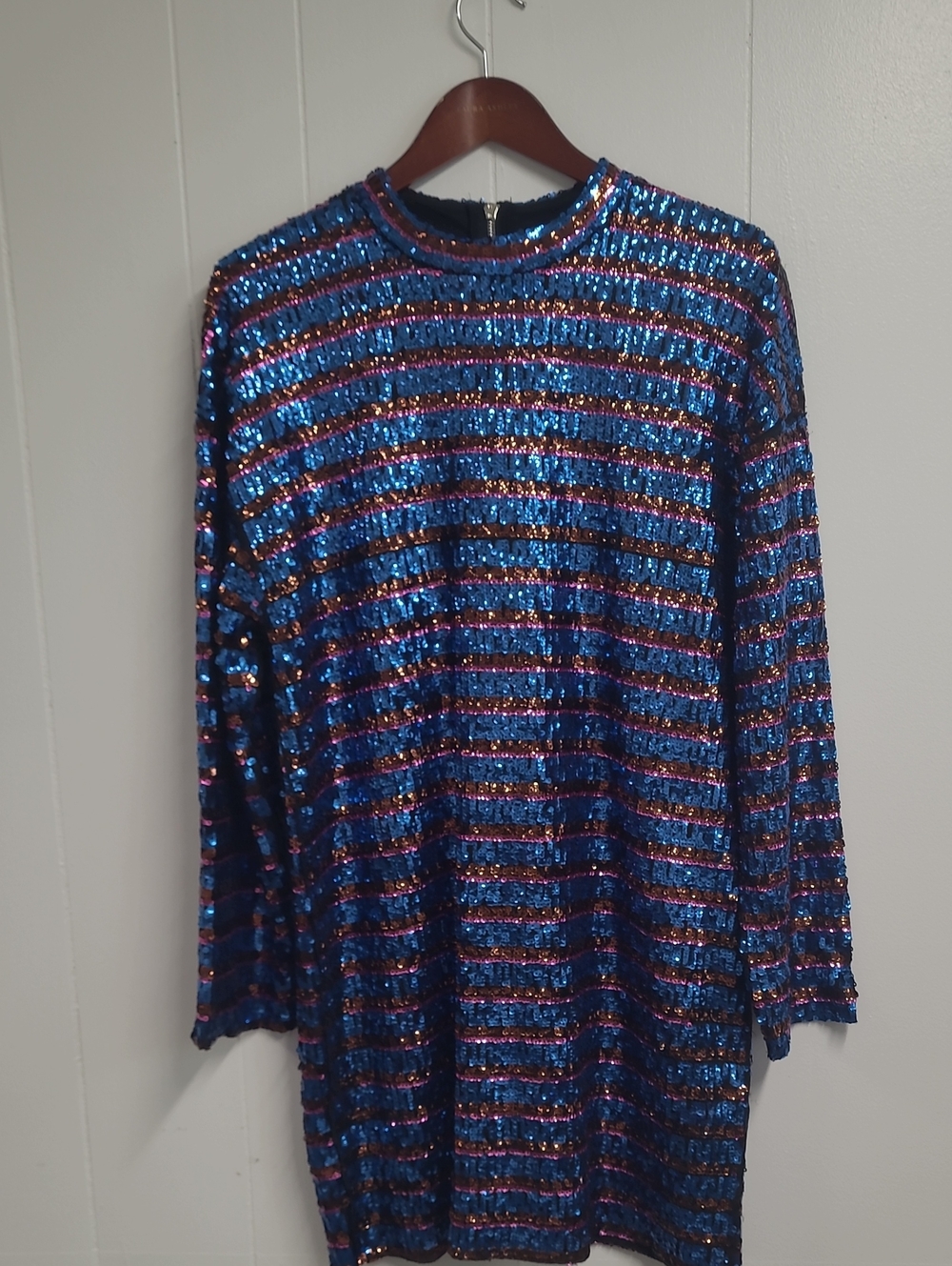 Zara Trafaluc Striped Blue/ Gold /Pink Shiny Sequin Long Sleeve Mini Dress Sz M